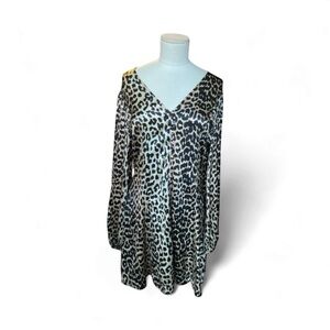 Ganni Leopard Silk V Neck Mini Dress Size 40